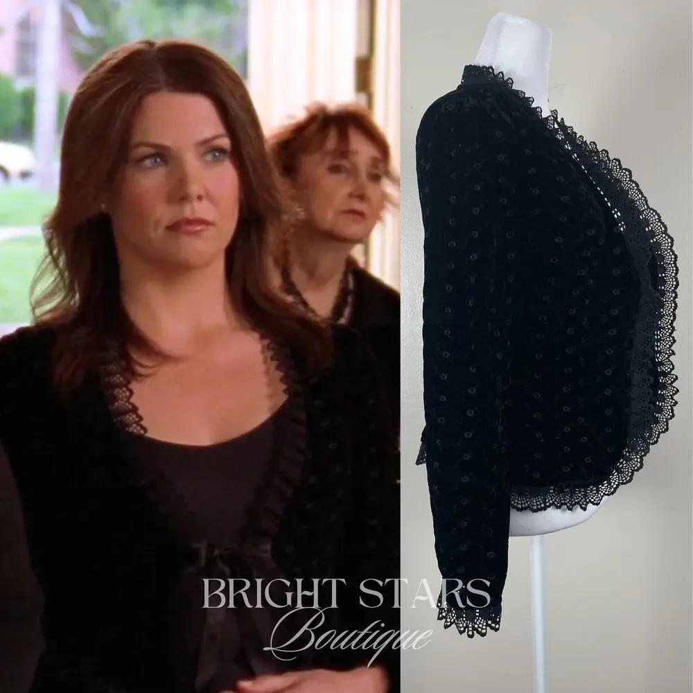 Rare Black Velvet Blazer ASO Lorelia Gilmore Girls Velvet Tie Front Lace Trim - Picture 3 of 13